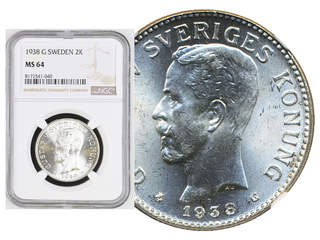 Coins, Sweden. Gustav V, MIS I.18, 2 kronor 1938. Graded by NGC as MS64. SM 23. 01/0.