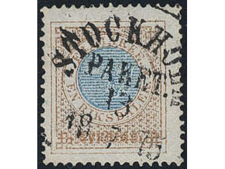 Sweden. Facit 27d used, 1 Riksdaler orange-brown/blue. Superb canc. STOCKHOLM PAKET. …