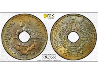 Franska Indokina 5 centimes 1938, UNC, PCGS MS64