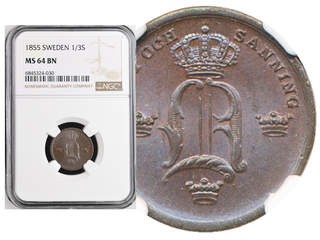 Coins, Sweden. Oskar I, SM 120, 1/3 skilling banco 1855. Graded by NGC as MS64 BN. Tied …