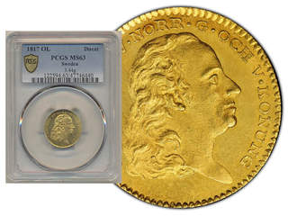 Coins, Sweden. Karl XIII, SM 9, 1 dukat 1817. Sole finest graded by PCGS as MS63. SG8. …