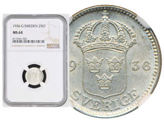 Coins, Sweden. Gustav V, MIS I.16, 25 öre 1936. Graded by NGC as MS64. SM 117. 01/0.