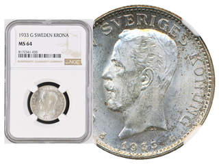 Coins, Sweden. Gustav V, MIS I.19, 1 krona 1933. Graded by NGC as MS64. SM 52. 01/0.