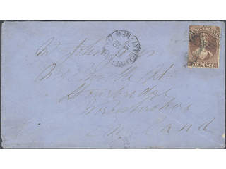 New Zealand. Michel 29 cover , 1864 Queen Victoria 6 d red-brown wmk NZ, perf 12½ as …