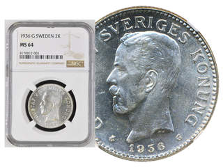 Coins, Sweden. Gustav V, MIS I.16, 2 kronor 1936. Graded by NGC as MS64. SM 20. 01/0.