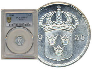 Coins, Sweden. Gustav V, MIS I.20a, 10 öre 1938. Tied finest graded by PCGS as MS66. SM …