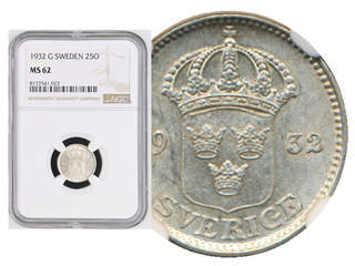 Coins, Sweden. Gustav V, MIS I.13, 25 öre 1932. Graded by NGC as MS62. SM 114. 01/0.