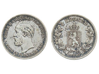 Coins, Norway. Oskar II, NM 28, 2 kroner 1902. Beautifully toned example. 1+.