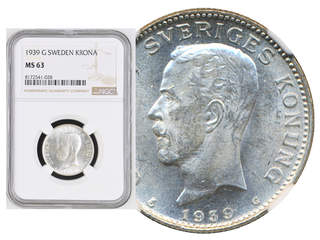 Coins, Sweden. Gustav V, MIS I.25a, 1 krona 1939. Graded by NGC as MS63. SM 58a. 01/0.