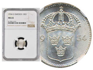 Coins, Sweden. Gustav V, MIS I.16a, 10 öre 1934. Graded by NGC as MS65. SM 155. 0.