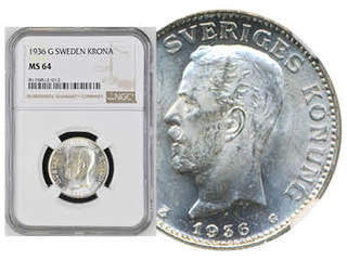 Coins, Sweden. Gustav V, MIS I.22, 1 krona 1936. Graded by NGC as MS64. SM 55. 01/0.
