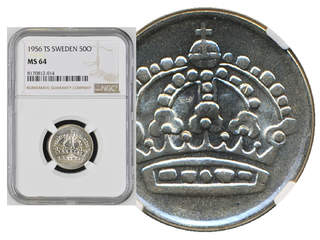 Coins, Sweden. Gustav VI Adolf, MIS I.5, 50 öre 1956. Graded by NGC as MS64. SM 54. 01/0.