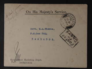 Dominica. O.H.M.S. Government envelope sent from Dominica to BARBADOS 12.DE.38. Pmk …
