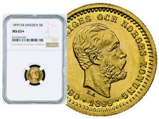 Coins, Sweden. Oskar II, MIS I.6, 5 kronor 1899. Graded by NGC as MS65+. SM 39. SG 50. 0.