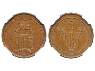 Coins, Sweden. Oskar II, MIS II.21, 2 öre 1892. A few small black spots, else fully …