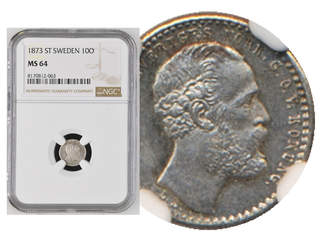 Coins, Sweden. Oskar II, SM 43a, 10 öre 1873. Graded by NGC as MS64. MIS 2a. 01/0.