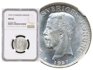 Coins, Sweden. Gustav V, MIS I.23a, 1 krona 1937. Graded by NGC as MS64. SM 56a. 01/0.