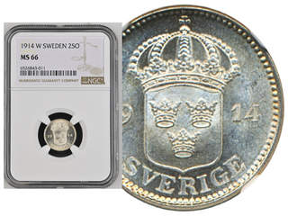 Coins, Sweden. Gustav V, MIS I.3, 25 öre 1914. Graded by NGC as MS66. Tied highest …