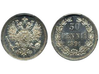 Coins, Finland. Alexander III, KM 2.2, 50 penniä 1891. Graded by PCGS as MS64. Bitkin …