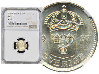 Coins, Sweden. Gustav V, MIS I.17b, 25 öre 1937. Graded by NGC as MS66. SM 118a. 0.