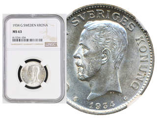 Coins, Sweden. Gustav V, MIS I.20, 1 krona 1934. Graded by NGC as MS63. SM 53. 01/0.