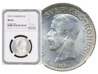 Coins, Sweden. Gustav V, MIS I.13, 2 kronor 1931. Graded by NGC as MS64. SM 16. 01/0.