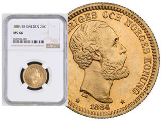 Coins, Sweden. Oskar II, MIS III.6, 20 kronor 1884. Graded by NGC as MS66. SM 12. SG 16. …