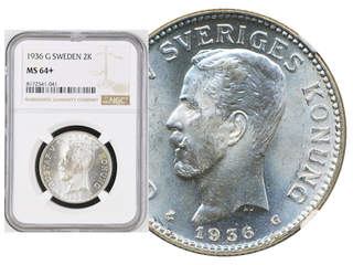 Coins, Sweden. Gustav V, MIS I.16, 2 kronor 1936. Graded by NGC as MS64+. SM 20. 01/0.