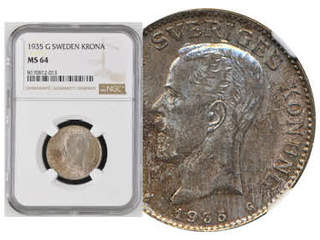 Coins, Sweden. Gustav V, MIS I.21, 1 krona 1935. Graded by NGC as MS64. SM 54. 01/0.