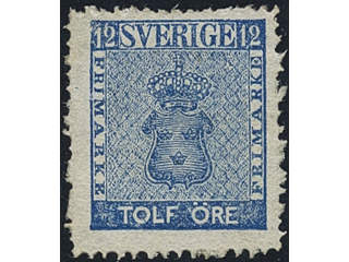 Sweden. Facit 9c2 (★), 12 öre blue. Nice rough-perforated example. Shade by O.P.