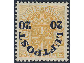 Sweden. Facit 137v1 ★, 1920 Air Mail Surcharge 20 öre / 2 öre yellow-orange inverted …