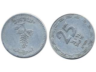 Coins, Israel. KM 8, 25 mils 1949. Approx. 300 degrees rotated die. Rare variety. F-VF.