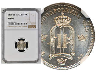 Coins, Sweden. Oskar II, MIS II.16, 10 öre 1899. Graded by NGC as MS66. Only one …