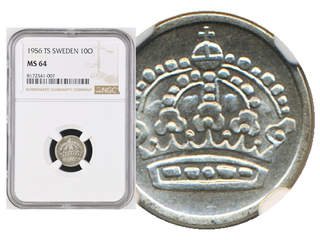 Coins, Sweden. Gustav VI Adolf, MIS I.5, 10 öre 1956. Graded by NGC as MS64. SM 97. 01/0.