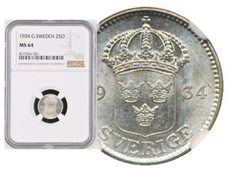 Coins, Sweden. Gustav V, MIS I.15, 25 öre 1934. Graded by NGC as MS64. SM 116. 01/0.