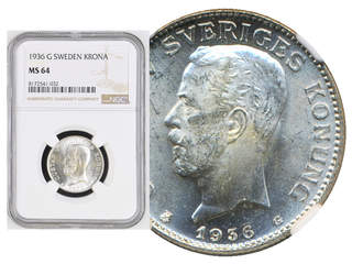 Coins, Sweden. Gustav V, MIS I.22, 1 krona 1936. Graded by NGC as MS64. SM 55. 01/0.