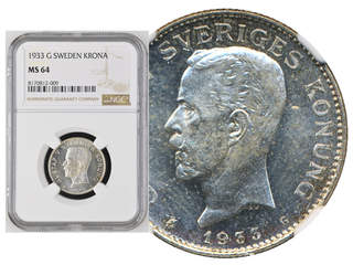 Coins, Sweden. Gustav V, MIS I.19, 1 krona 1933. Graded by NGC as MS64. SM 52. 01/0.