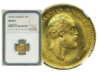 Coins, Sweden. Oskar II, MIS I.2b, 10 kronor 1874. Superb specimen. Graded MS65+ by NGC. …