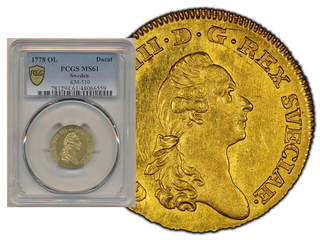 Coins, Sweden. Gustav III, SM 14, 1 dukat 1778. Sole finest graded by PCGS as MS61. RR. …