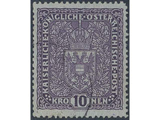 Austria. Michel 207 I used, 1917 Coat-of-arms 10 Kr dark brown-violet 25 × 30 mm. EUR 150