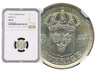 Coins, Sweden. Gustav V, MIS I.17a, 25 öre 1937. Graded by NGC as MS62. SM 118a. 01/0.