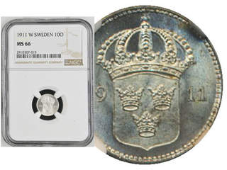 Coins, Sweden. Gustav V, MIS I.2a, 10 öre 1911. Tied highest graded by NGC as MS66. SM …