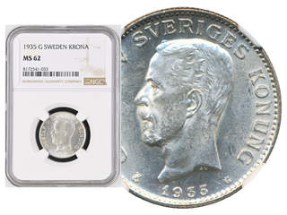 Coins, Sweden. Gustav V, MIS I.21, 1 krona 1935. Graded by NGC as MS62. SM 54. 01/0.