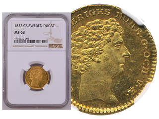 Coins, Sweden. Karl XIV Johan, SM 17, 1 dukat 1822. Sole finest graded by NGC as MS63. …