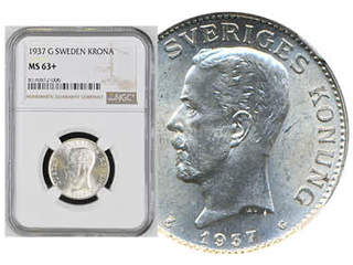 Coins, Sweden. Gustav V, MIS I.23a, 1 krona 1937. Graded by NGC as MS63+. SM 56a. 01/0.