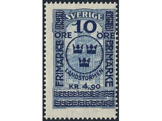 Sweden. Facit 125 ★★, 1916 Landstorm II 10+4,90 / 5 kr blue. Very fresh. SEK 1800