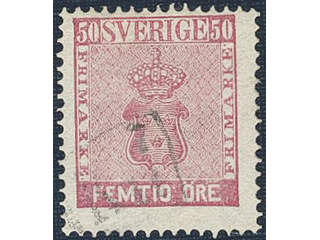 Sweden. Facit 12f2 used , 50 öre violet-tinged rose, perforation of 1865. Fresh example …