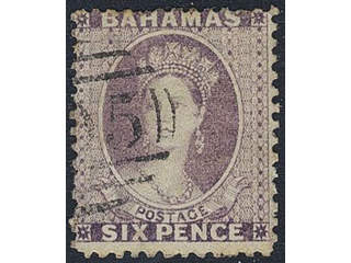 Bahamas. Michel 4 used , 1863-67 Victoria 6d lilac with inverted overprint (short perf). …