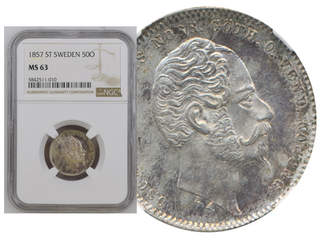 Coins, Sweden. Oskar I, SM 61, 50 öre 1857. Graded by NGC as MS63. 01/0.