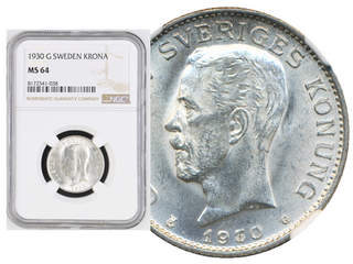 Coins, Sweden. Gustav V, MIS I.16, 1 krona 1930. Graded by NGC as MS64. SM 49. 01/0.